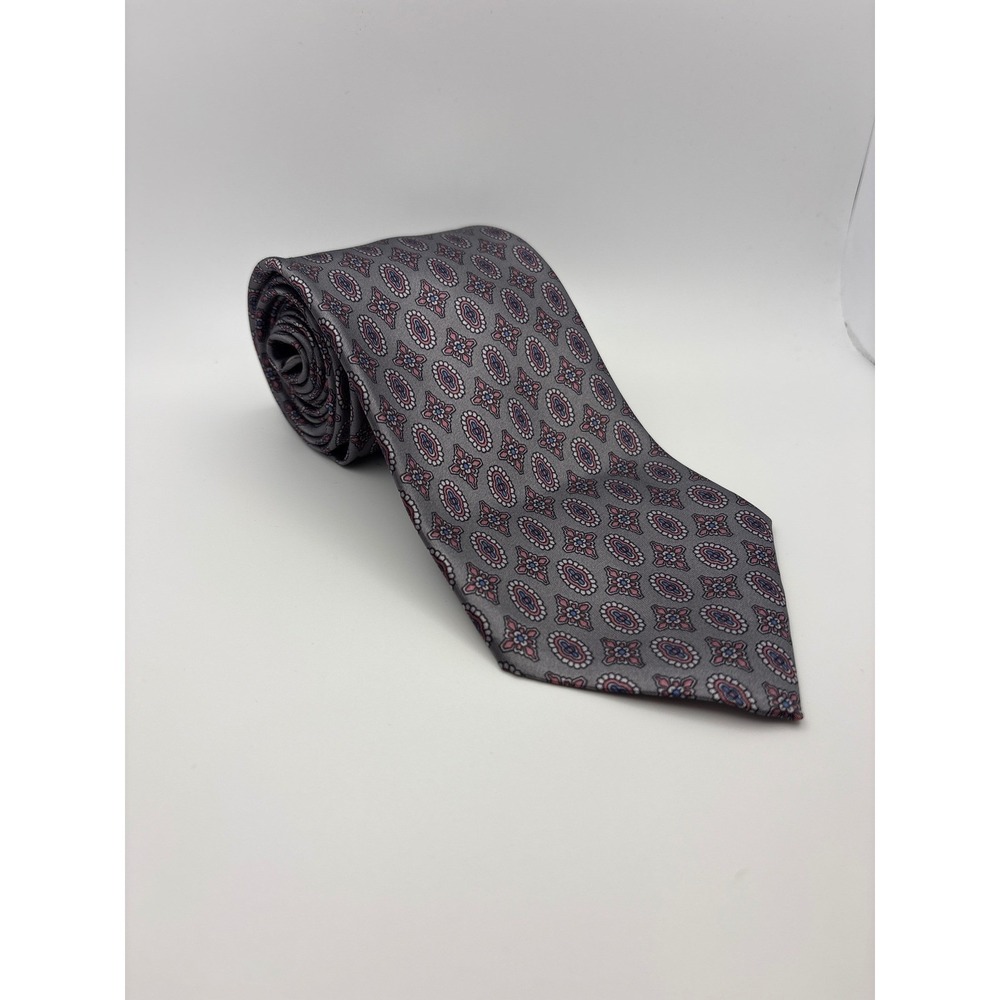 Adolfo Mens Silk Geometric Medallion Necktie Grey Burgundy Blue Classic Tie